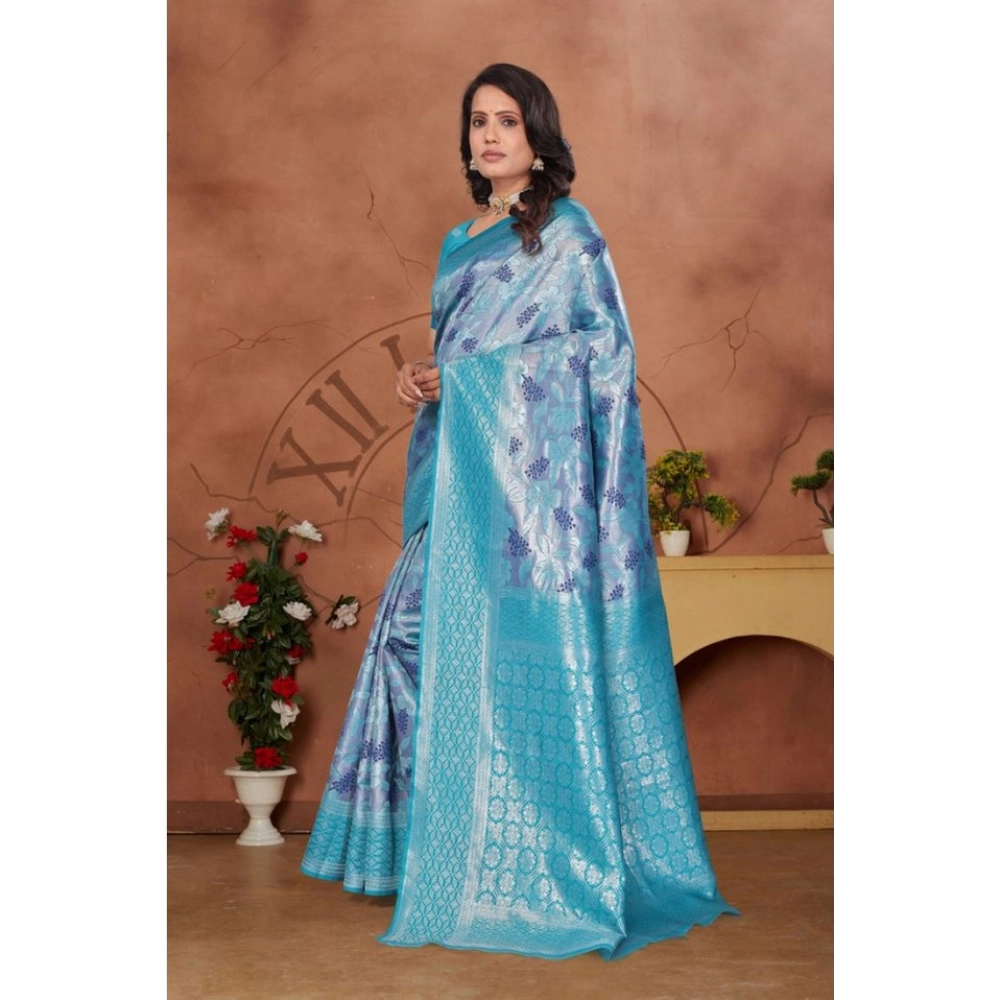 Generic Women's Banarasi Silk Jaquard Woven Saree With Unstitched Blouse 5.5Mtr (Light Blue) - Image 3