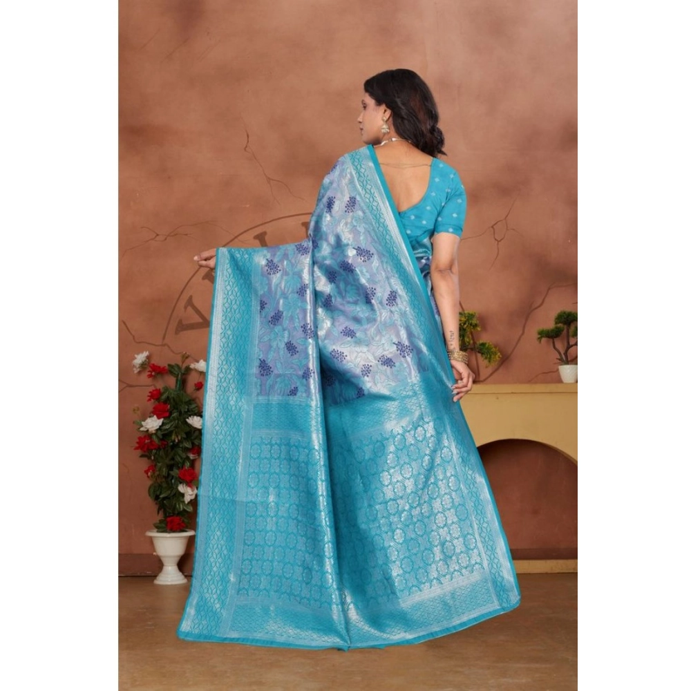 Generic Women's Banarasi Silk Jaquard Woven Saree With Unstitched Blouse 5.5Mtr (Light Blue) - Image 4