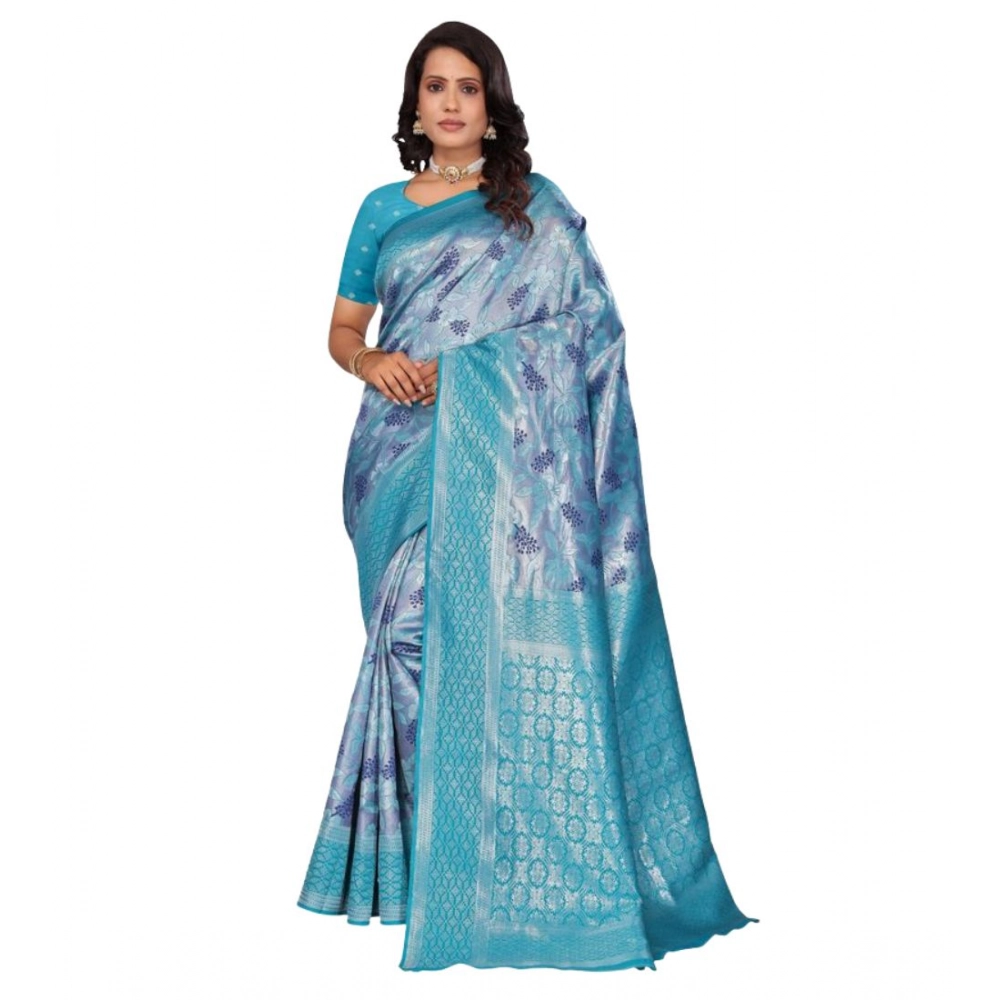 Generic Women's Banarasi Silk Jaquard Woven Saree With Unstitched Blouse 5.5Mtr (Light Blue) - Image 5