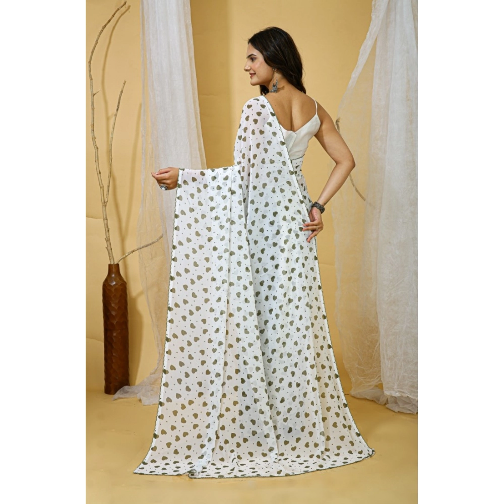 Generic Women's Georgette Printed Saree With Unstitched Blouse 5.5Mtr (White-Grey) - Image 2