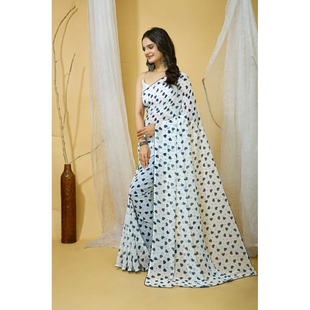 Generic Women's Georgette Printed Saree With Unstitched Blouse 5.5Mtr (White) - Image 4
