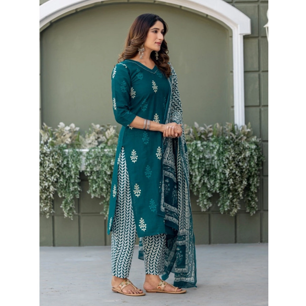 Generic Women's Cotton Blend Printed Kurti With Pant Dupatta Set (Morpichh) - Image 2