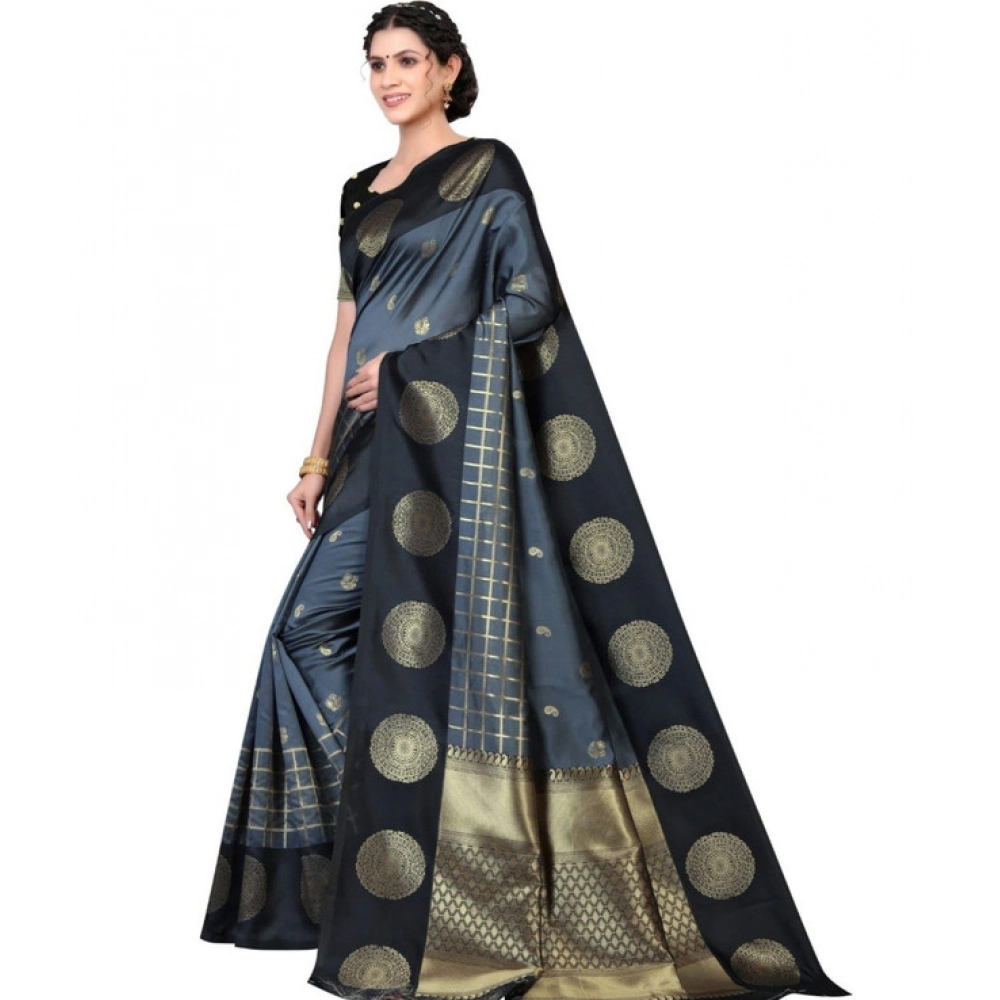Generic Women's Soft Lichi Silk Printed Saree With Unstitched Blouse 5.5Mtr (Black) - Image 2