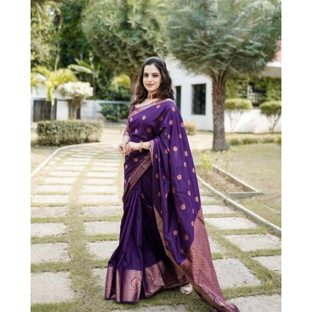 Generic Women's Soft Lichi Silk Printed Saree With Unstitched Blouse 5.5Mtr (Blue) - Image 2