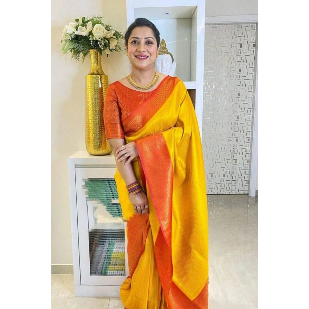 Generic Women's Soft Lichi Silk Printed Saree With Unstitched Blouse 5.5Mtr (Mustard ) - Image 2