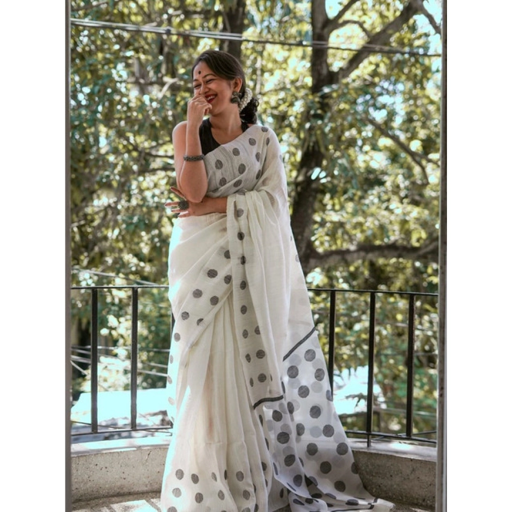 Generic Women's Soft Lilan Printed Saree With Unstitched Blouse 5.5Mtr (White) - Image 2