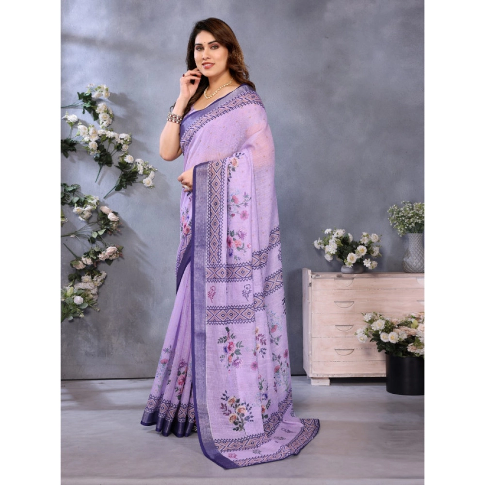 Generic Women's Linen Cotton Printed Saree With Unstitched Blouse 5.5Mtr (Purple) - Image 2
