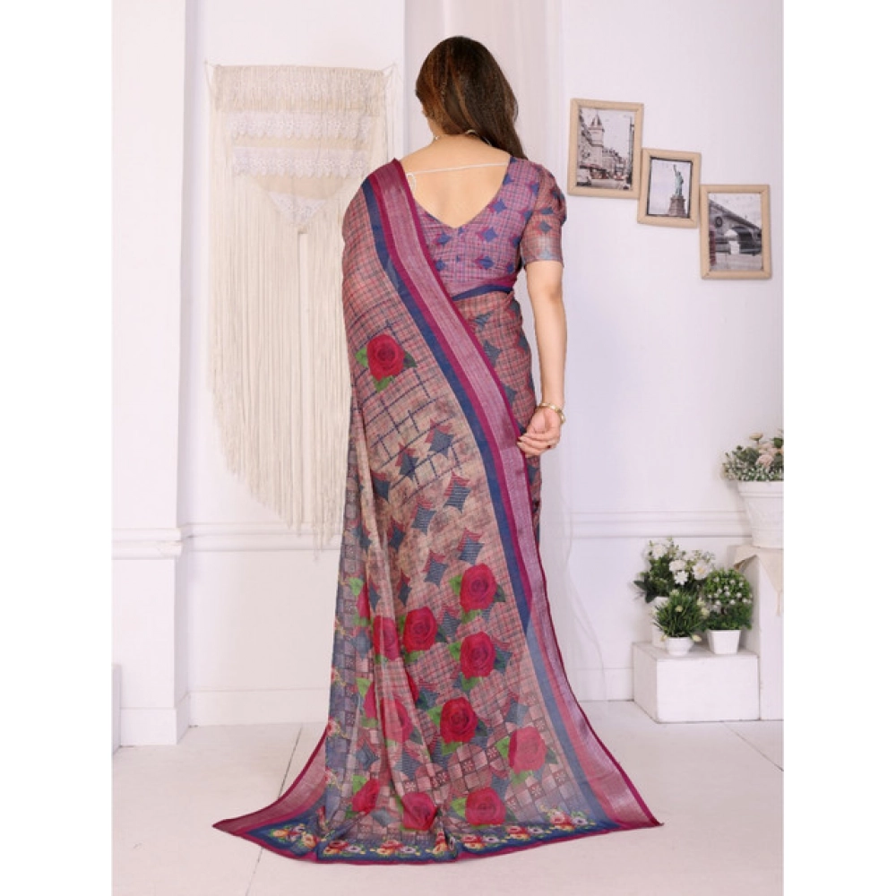 Generic Women's Linen Cotton Printed Saree With Unstitched Blouse 5.5Mtr (Wine ) - Image 2