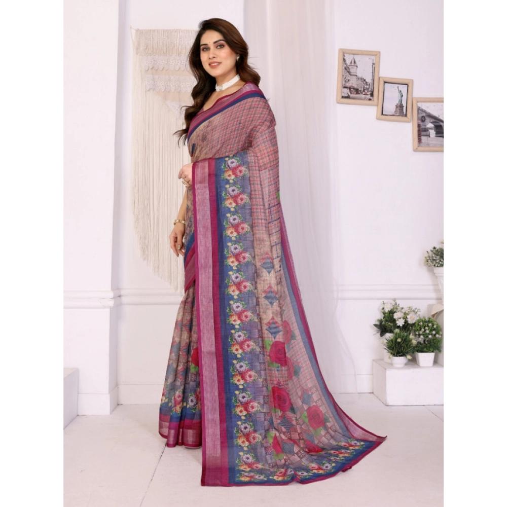Generic Women's Linen Cotton Printed Saree With Unstitched Blouse 5.5Mtr (Wine ) - Image 3
