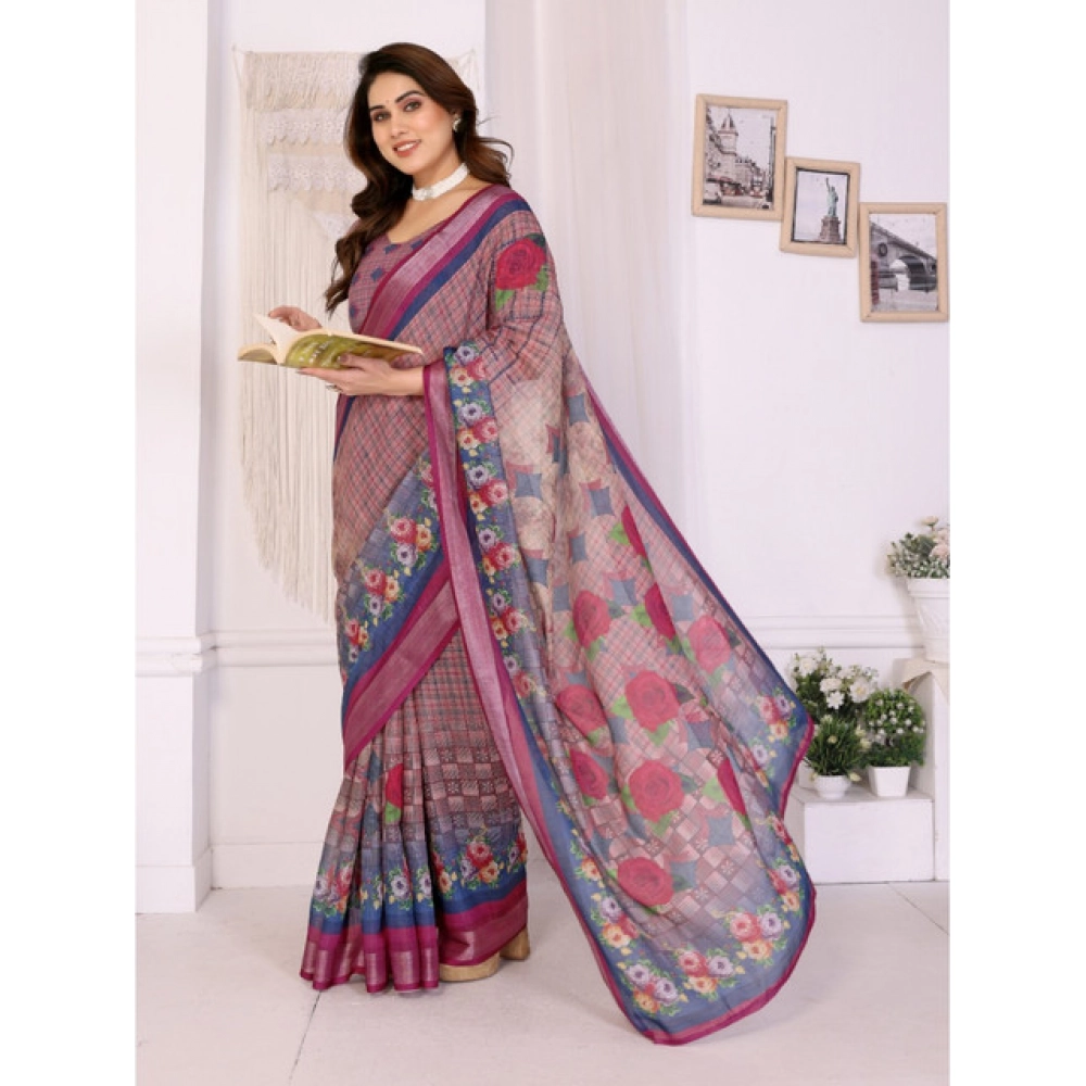 Generic Women's Linen Cotton Printed Saree With Unstitched Blouse 5.5Mtr (Wine ) - Image 4