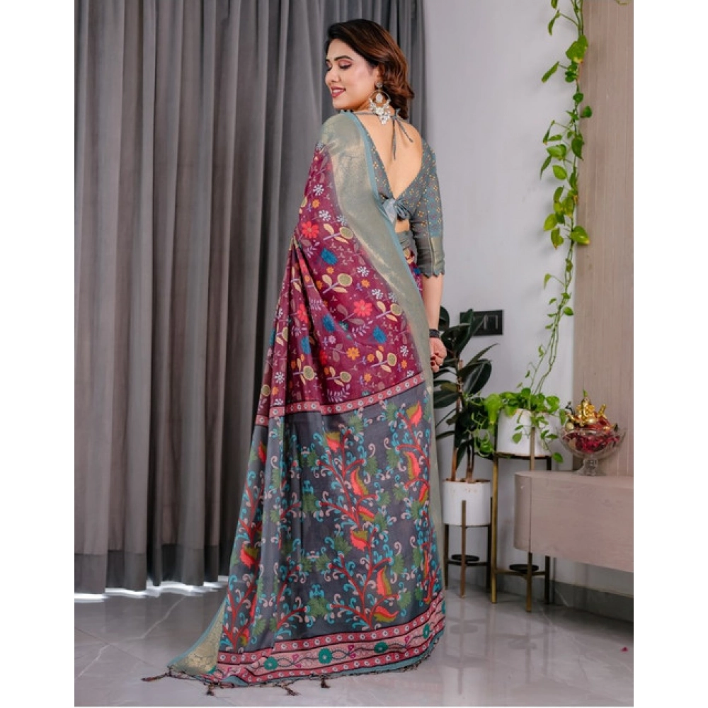 Generic Women's Linen Printed Saree With Unstitched Blouse 5.5Mtr (Purple) - Image 2