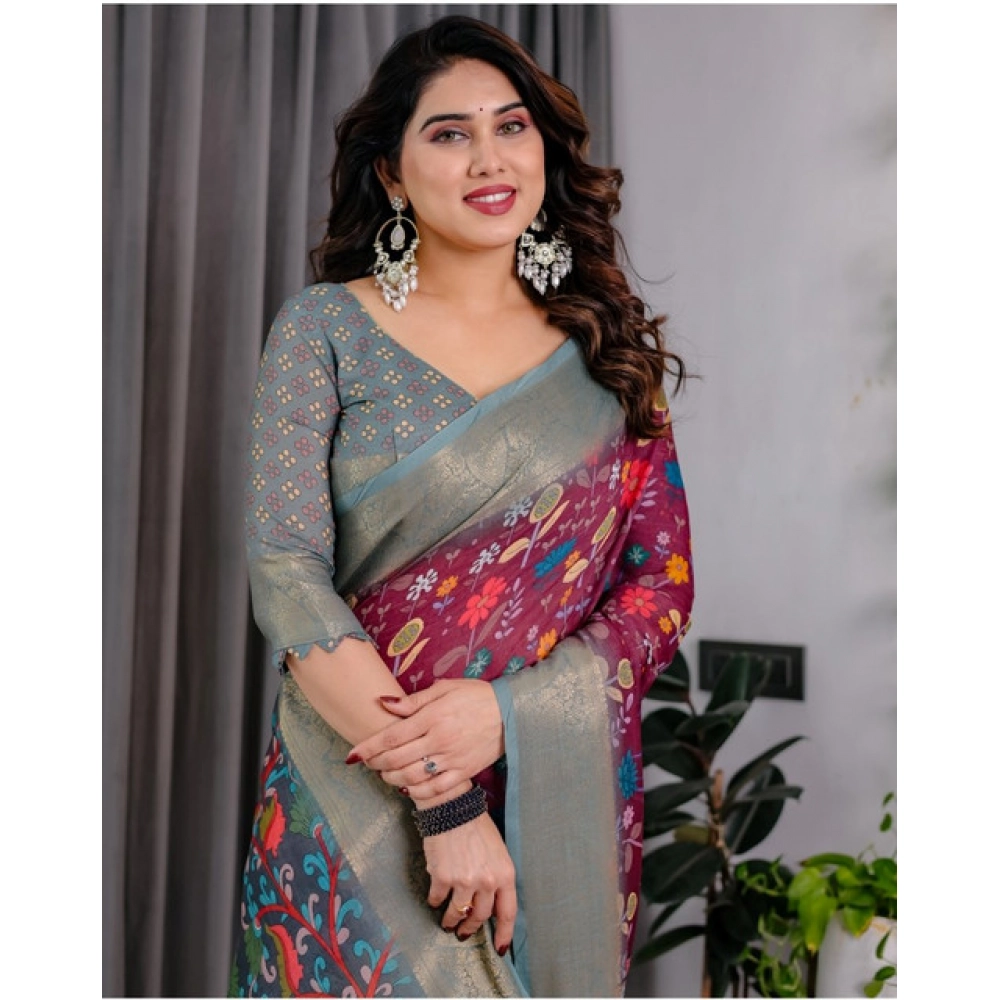Generic Women's Linen Printed Saree With Unstitched Blouse 5.5Mtr (Purple) - Image 3