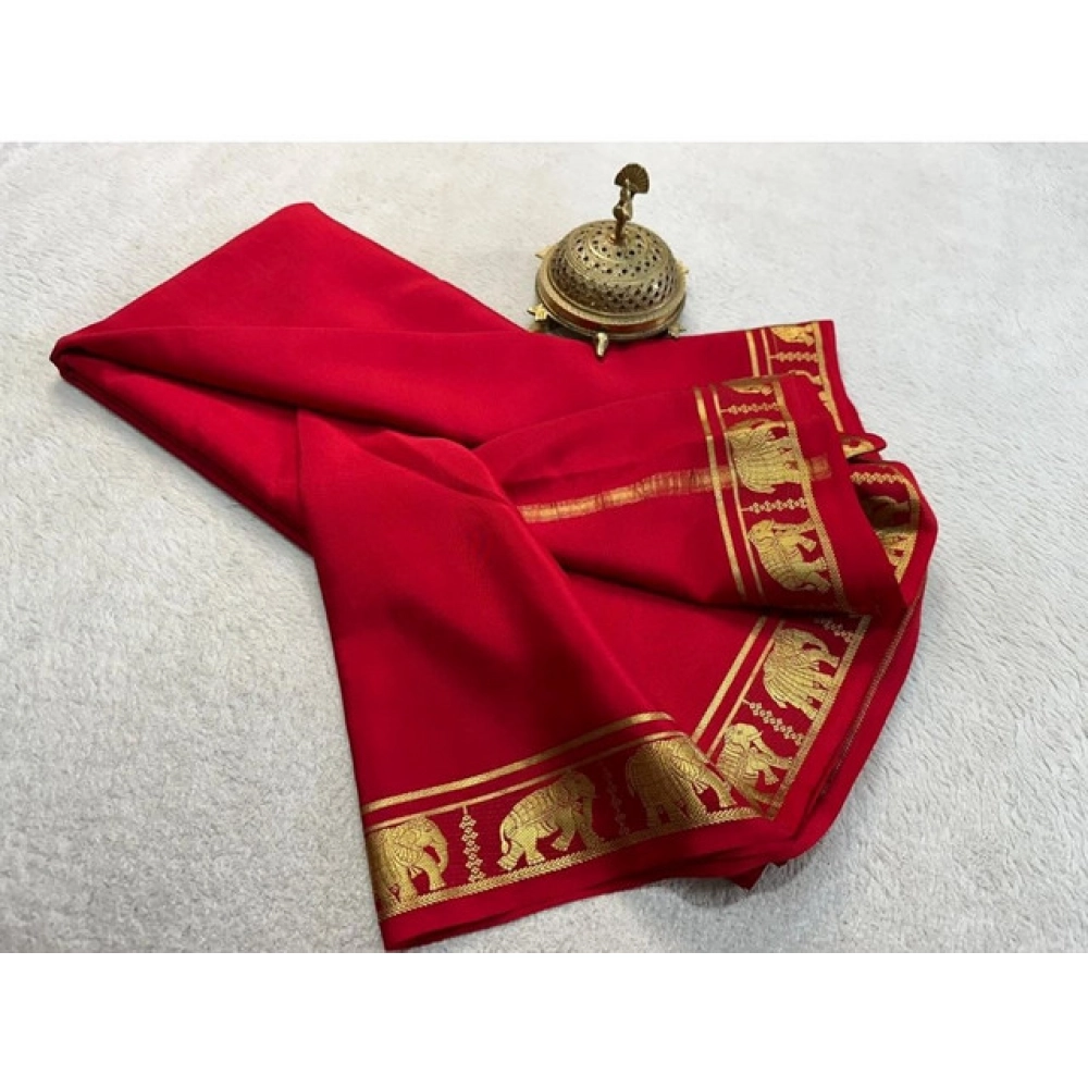 Generic Women's Crepe Chit Pallu Solid Saree With Unstitched Blouse 5.5Mtr (Red) - Image 2