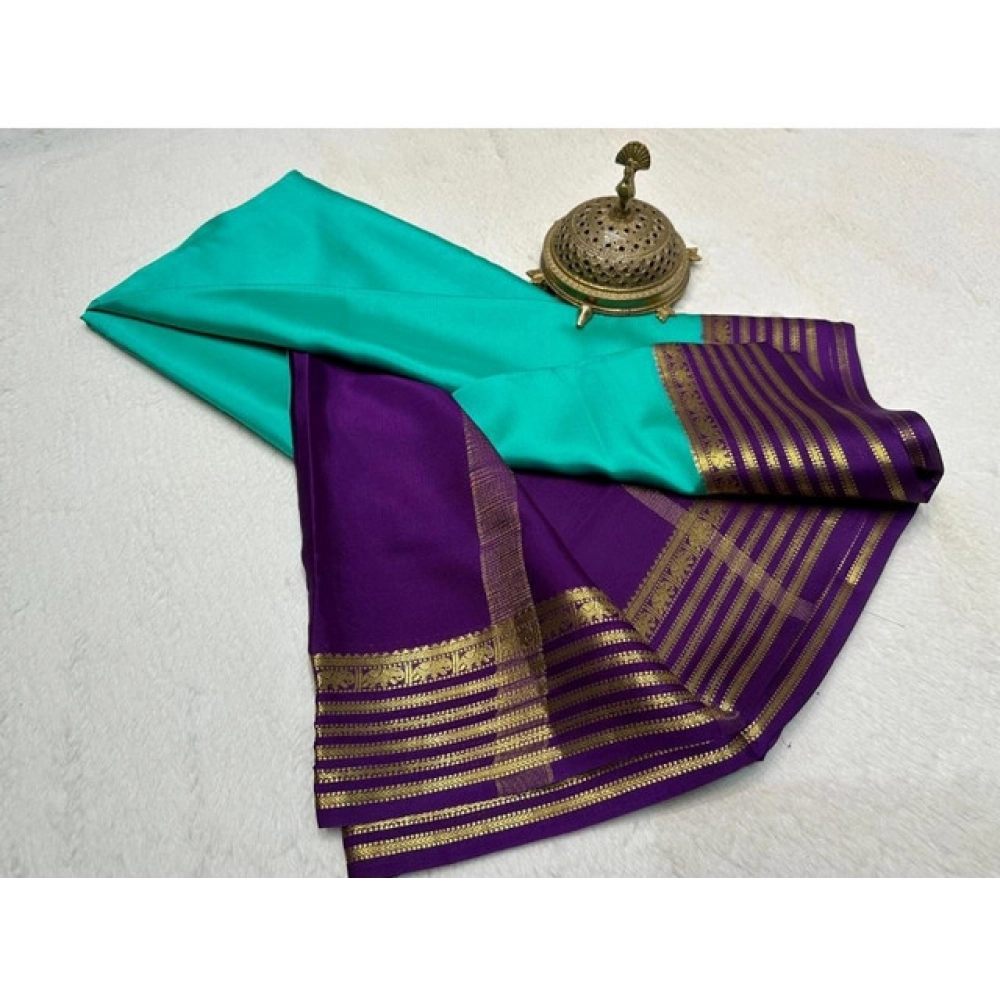 Generic Women's Crepe Chit Pallu Solid Saree With Unstitched Blouse 5.5Mtr (Sky Blue) - Image 2