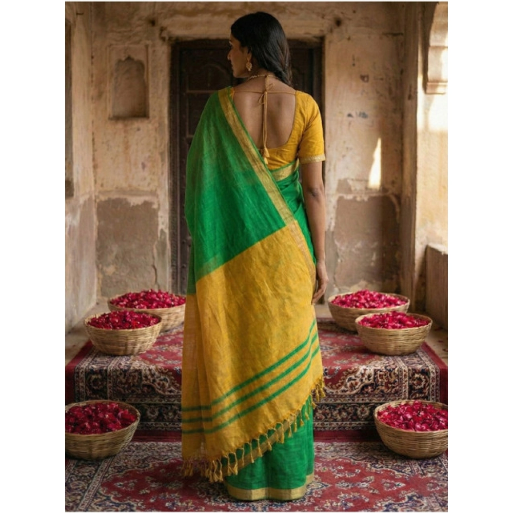Generic Women's Cotton Printed Saree With Unstitched Blouse 5.5Mtr (Green) - Image 2