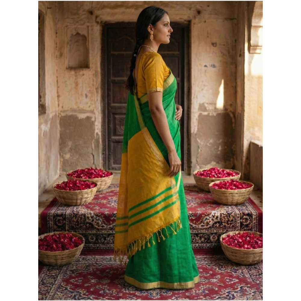 Generic Women's Cotton Printed Saree With Unstitched Blouse 5.5Mtr (Green) - Image 3