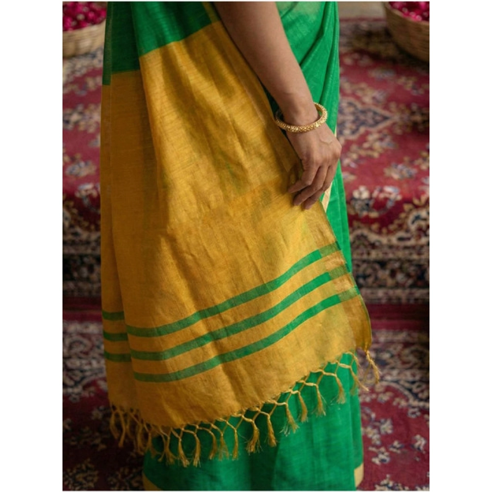 Generic Women's Cotton Printed Saree With Unstitched Blouse 5.5Mtr (Green) - Image 4