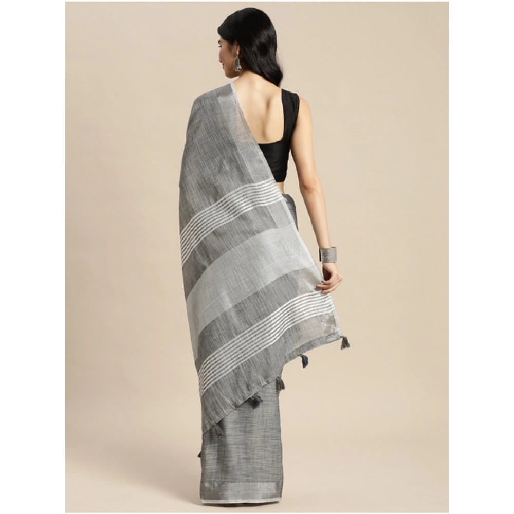 Generic Women's Linen Cotton Printed Saree With Unstitched Blouse 5.5Mtr (Dark Grey) - Image 2