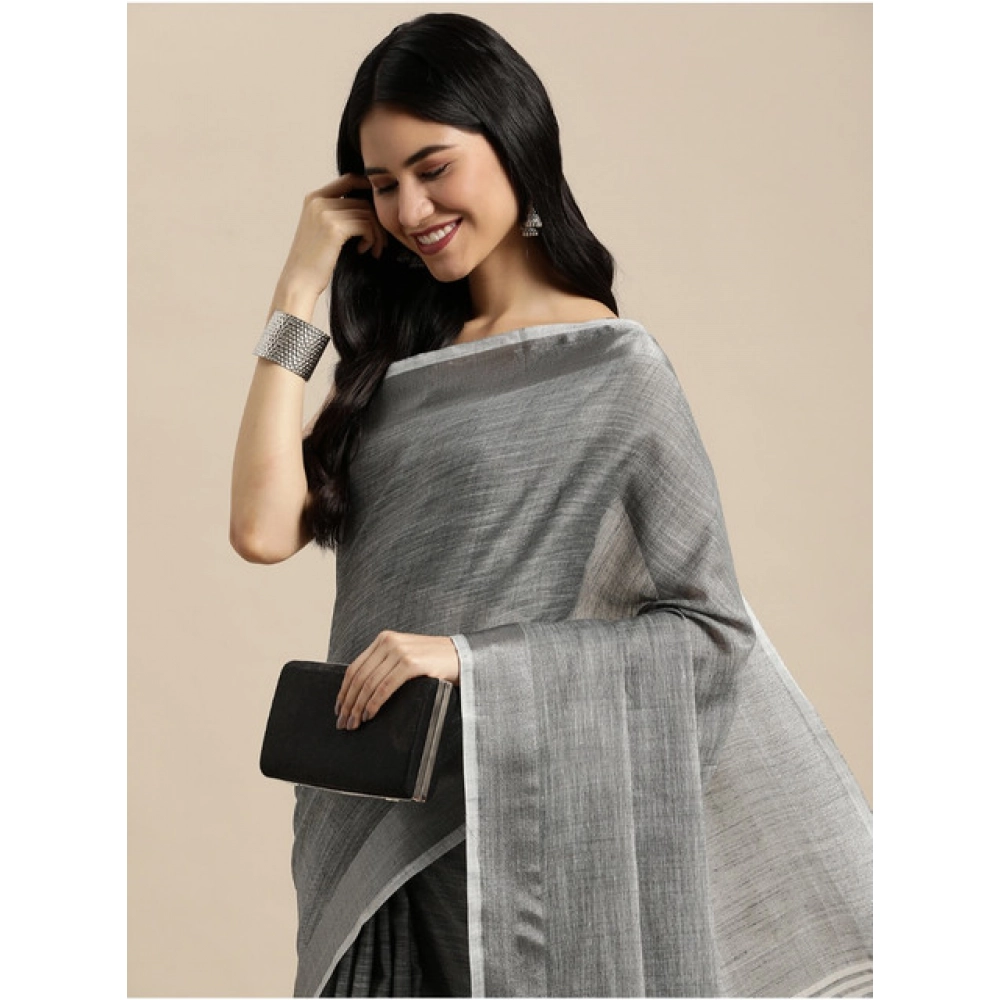 Generic Women's Linen Cotton Printed Saree With Unstitched Blouse 5.5Mtr (Dark Grey) - Image 4