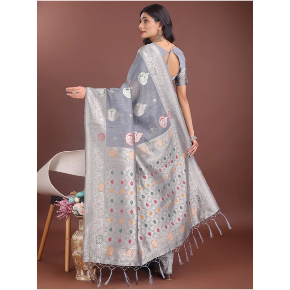 Generic Women's Linen Cotton Printed Saree With Unstitched Blouse 5.5Mtr (Grey) - Image 2