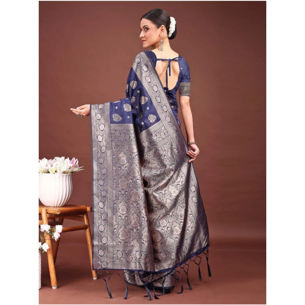 Generic Women's Banarasi Silk Printed Saree With Unstitched Blouse 5.5Mtr (Navy Blue) - Image 2