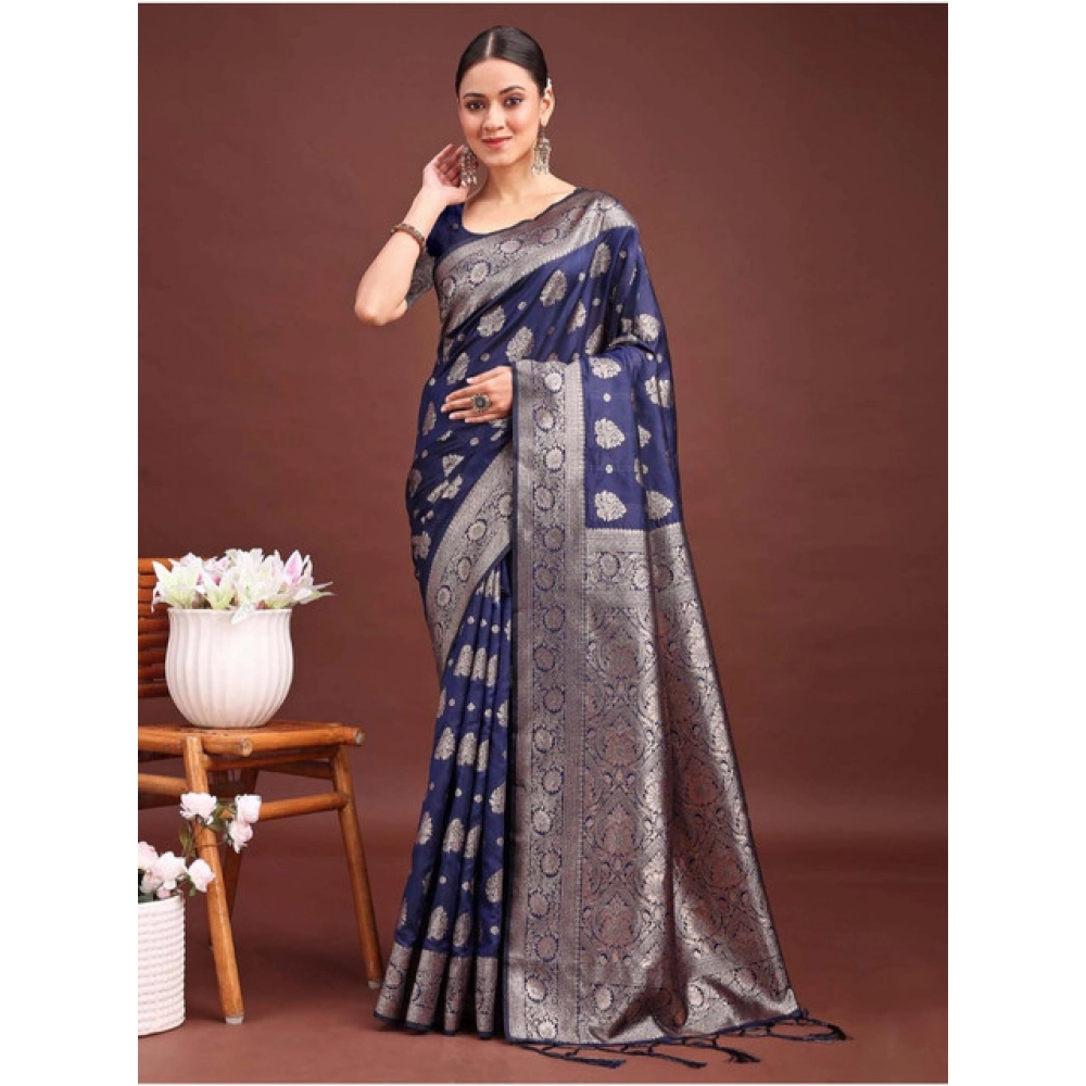 Generic Women's Banarasi Silk Printed Saree With Unstitched Blouse 5.5Mtr (Navy Blue) - Image 4