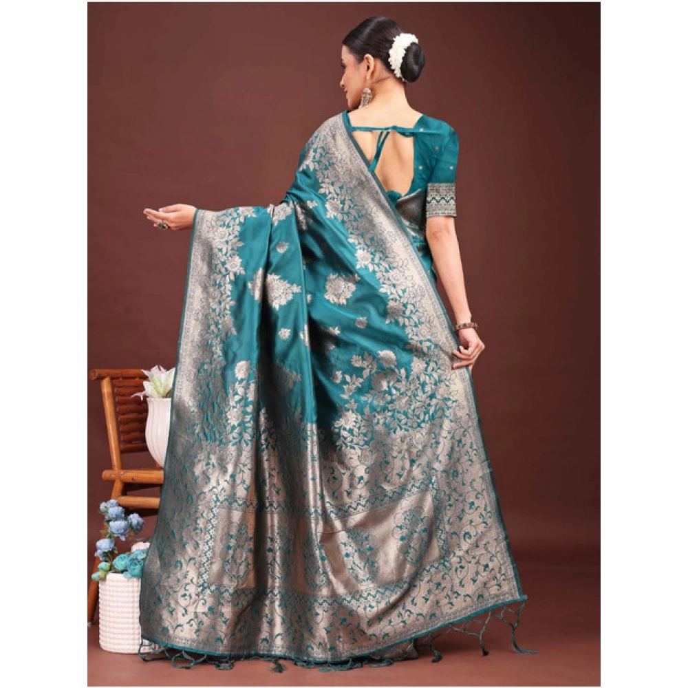 Generic Women's Banarasi Silk Printed Saree With Unstitched Blouse 5.5Mtr (Sea Green) - Image 2