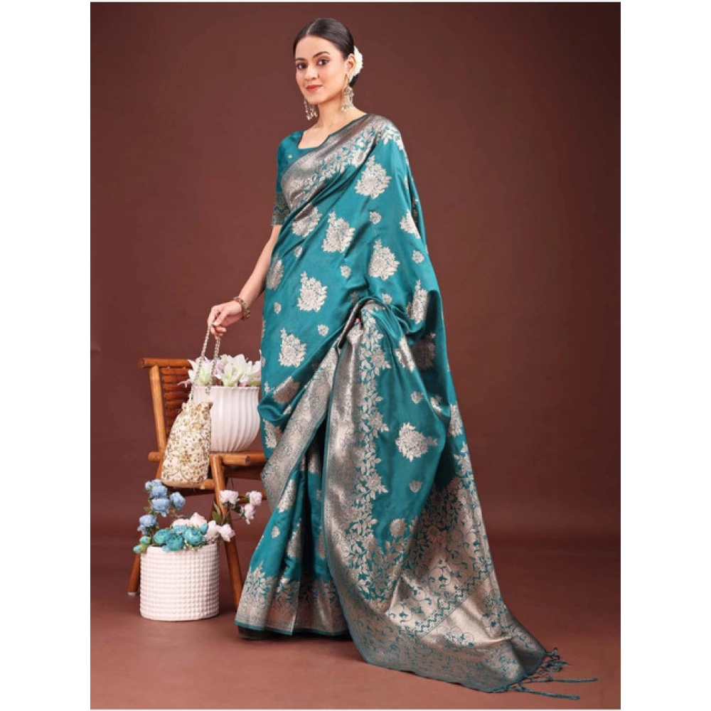 Generic Women's Banarasi Silk Printed Saree With Unstitched Blouse 5.5Mtr (Sea Green) - Image 3