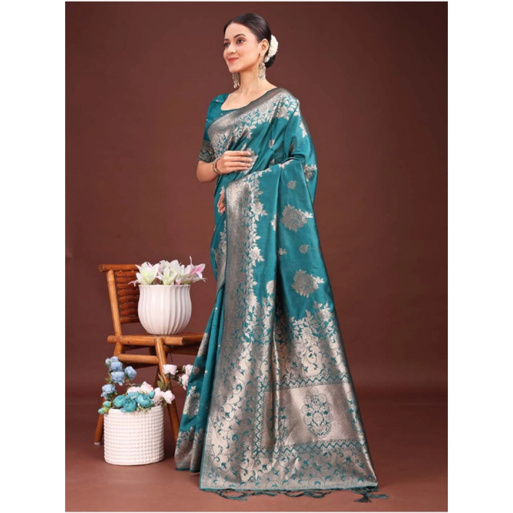 Generic Women's Banarasi Silk Printed Saree With Unstitched Blouse 5.5Mtr (Sea Green) - Image 4