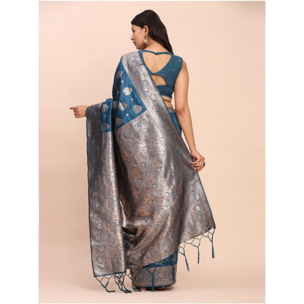Generic Women's Banarasi Silk Printed Saree With Unstitched Blouse 5.5Mtr (Teal Blue) - Image 2