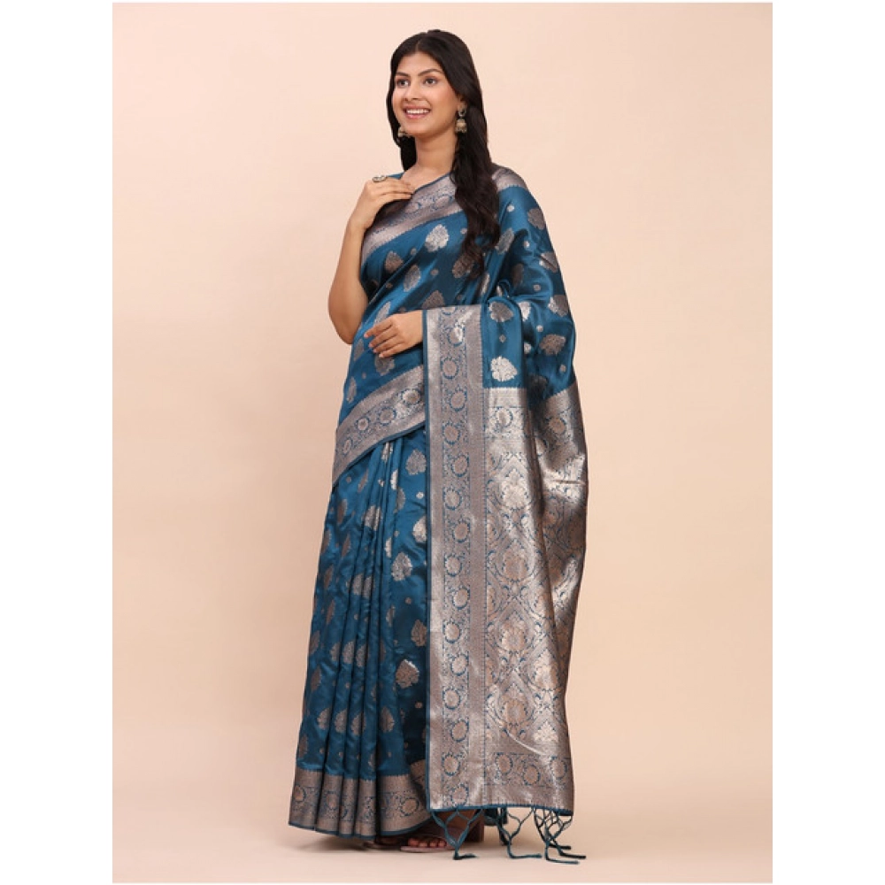 Generic Women's Banarasi Silk Printed Saree With Unstitched Blouse 5.5Mtr (Teal Blue) - Image 3