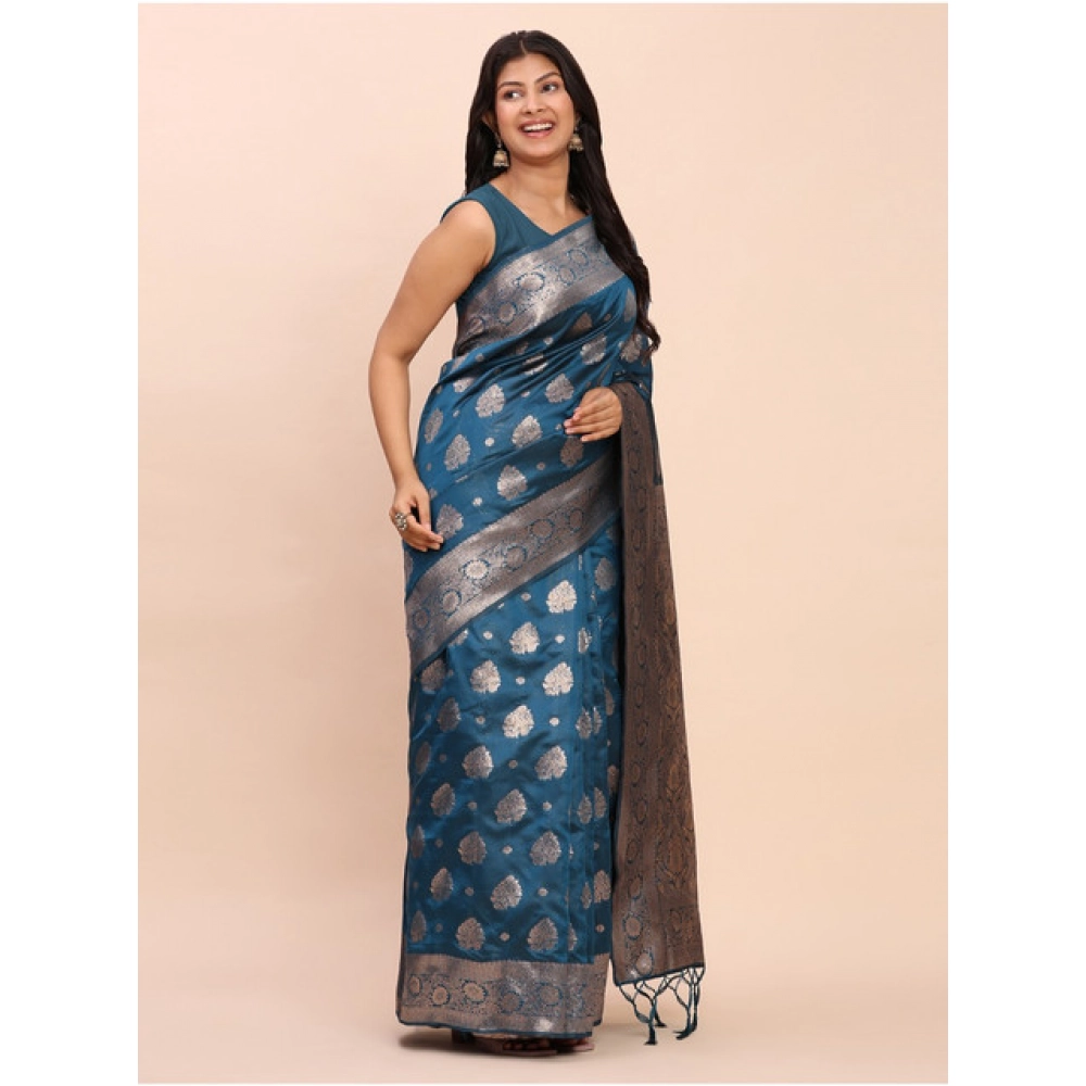 Generic Women's Banarasi Silk Printed Saree With Unstitched Blouse 5.5Mtr (Teal Blue) - Image 4