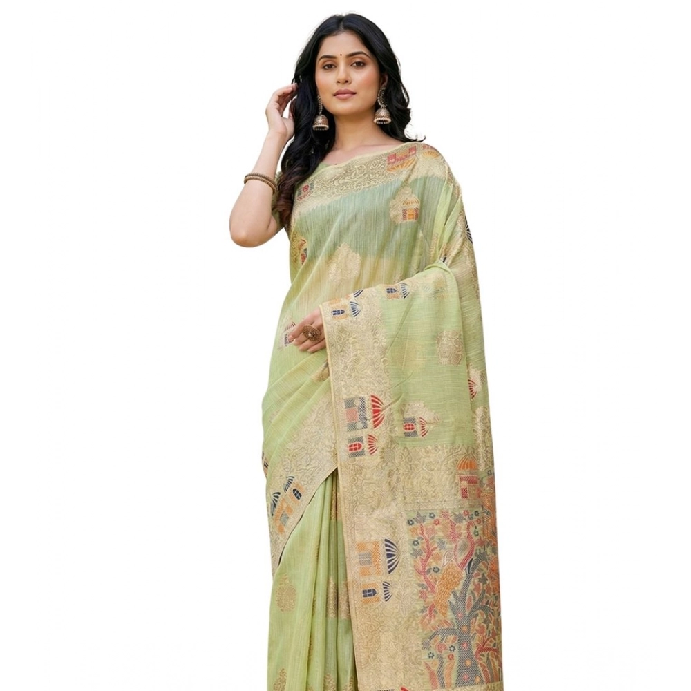 Generic Women's Linen Cotton Printed Saree With Unstitched Blouse 5.5Mtr (Light Green)