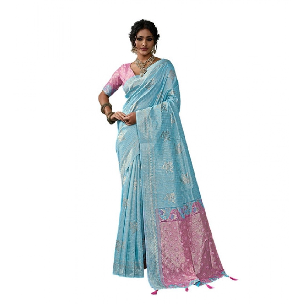Generic Women's Linen Cotton Printed Saree With Unstitched Blouse 5.5Mtr (Sky Blue) - Image 2