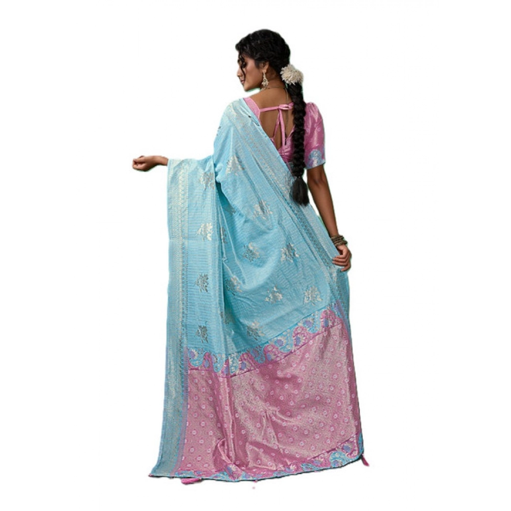 Generic Women's Linen Cotton Printed Saree With Unstitched Blouse 5.5Mtr (Sky Blue) - Image 3