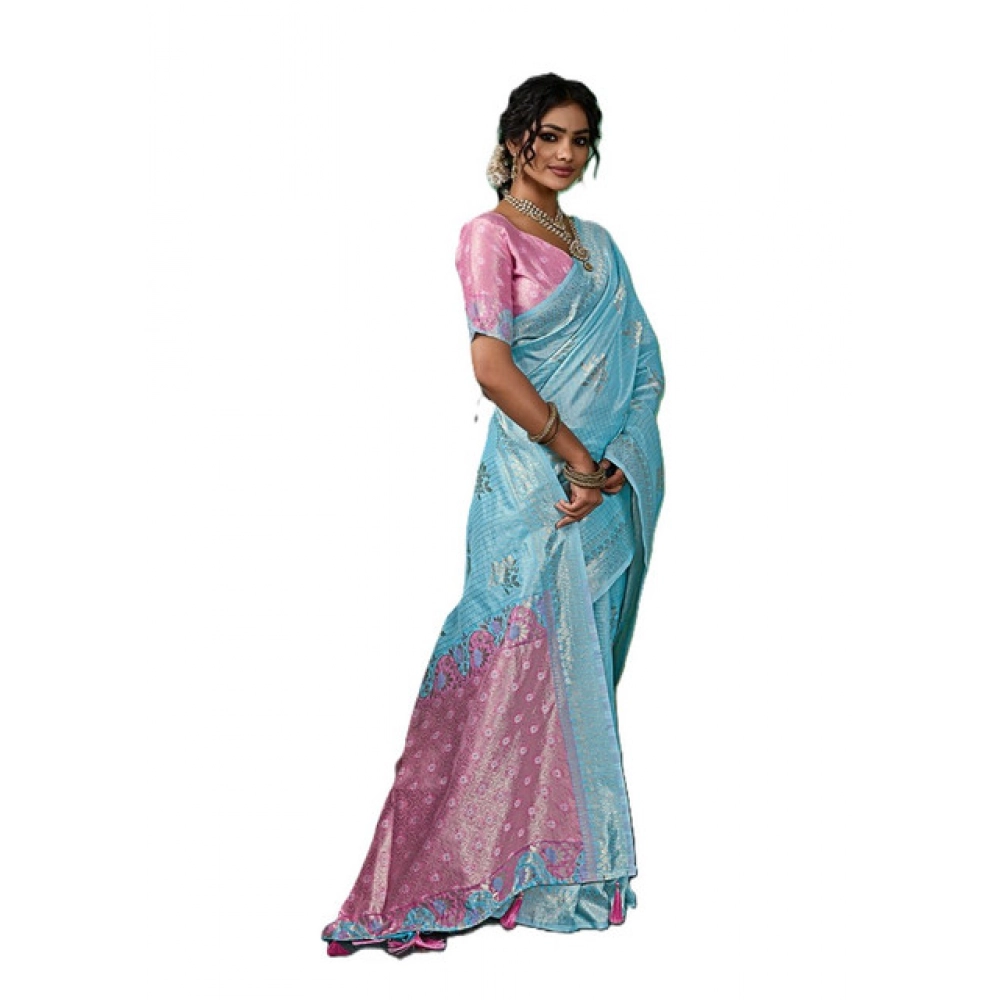 Generic Women's Linen Cotton Printed Saree With Unstitched Blouse 5.5Mtr (Sky Blue) - Image 4