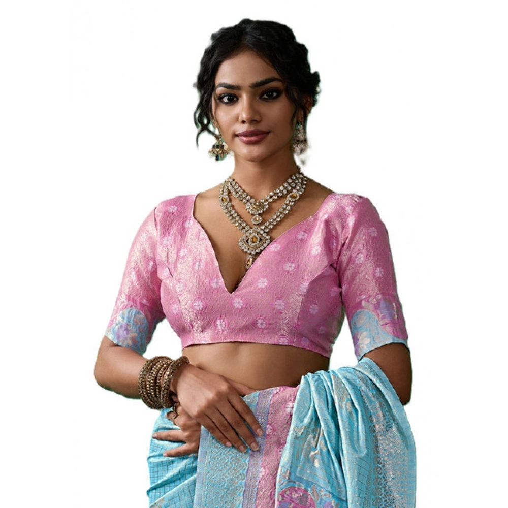 Generic Women's Linen Cotton Printed Saree With Unstitched Blouse 5.5Mtr (Sky Blue) - Image 5