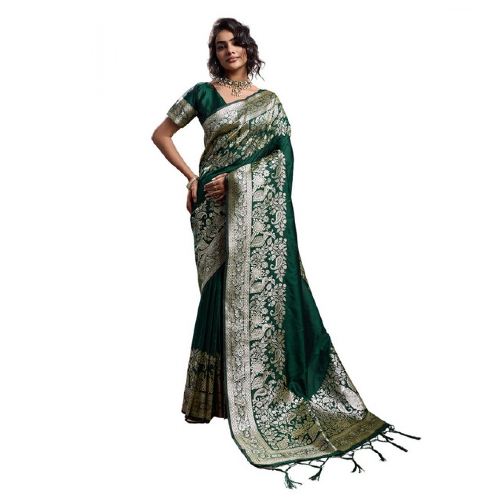 Generic Women's Silk Blend Printed Saree With Unstitched Blouse 5.5Mtr (Dark Green) - Image 2