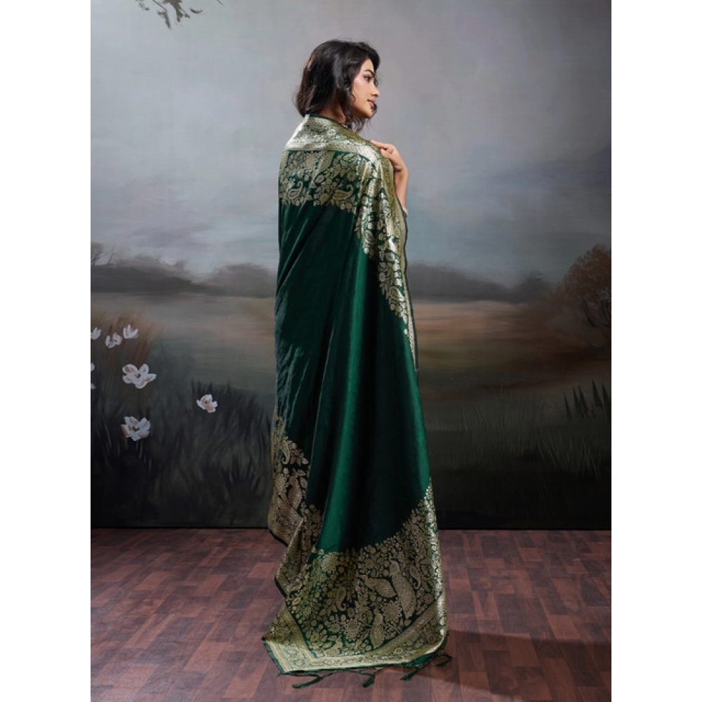 Generic Women's Silk Blend Printed Saree With Unstitched Blouse 5.5Mtr (Dark Green) - Image 3
