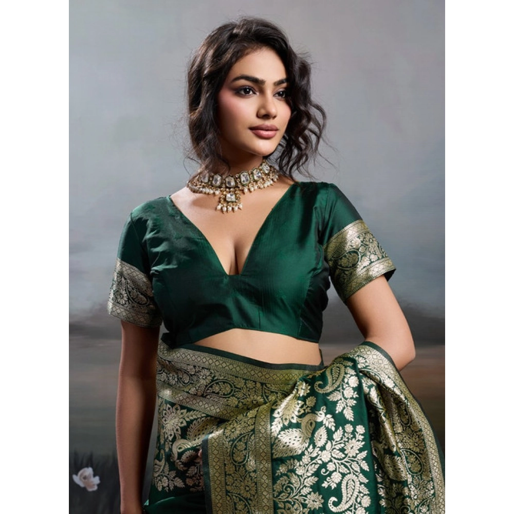 Generic Women's Silk Blend Printed Saree With Unstitched Blouse 5.5Mtr (Dark Green) - Image 5