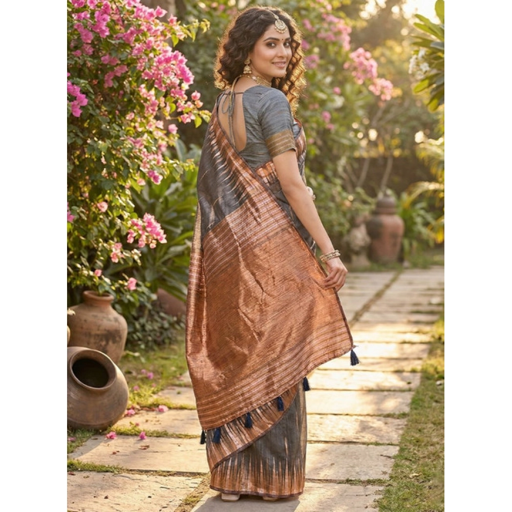 Generic Women's Linen Cotton Printed Saree With Unstitched Blouse 5.5Mtr (Grey) - Image 3