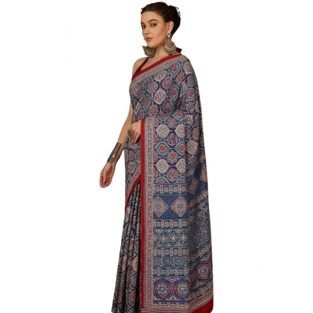 Generic Women's Crepe Printed Saree With Unstitched Blouse 5.5Mtr (Navy Blue) - Image 2