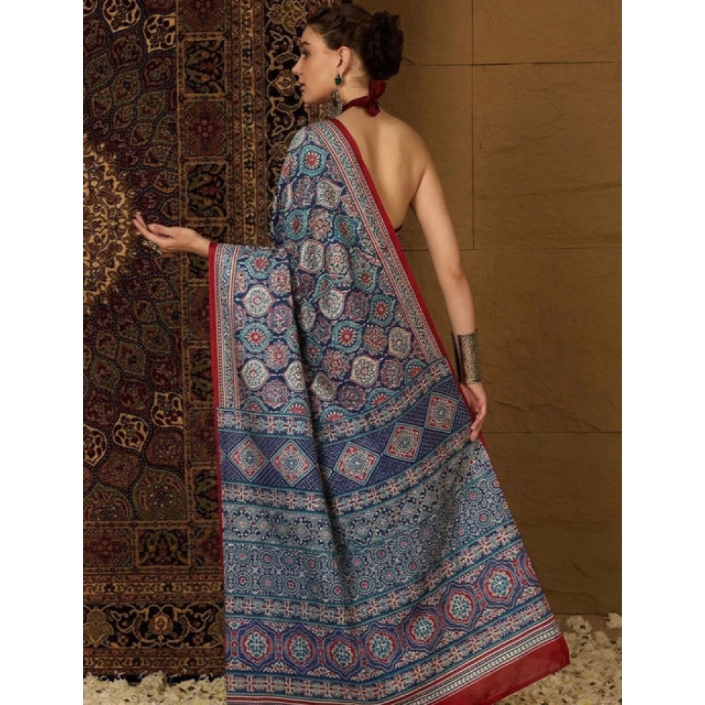 Generic Women's Crepe Printed Saree With Unstitched Blouse 5.5Mtr (Navy Blue) - Image 3