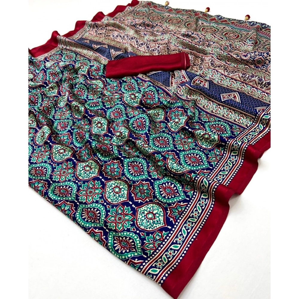 Generic Women's Crepe Printed Saree With Unstitched Blouse 5.5Mtr (Navy Blue) - Image 4