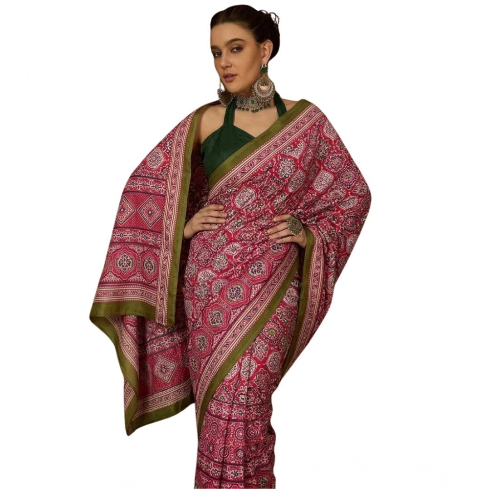 Generic Women's Crepe Printed Saree With Unstitched Blouse 5.5Mtr (Pink) - Image 2