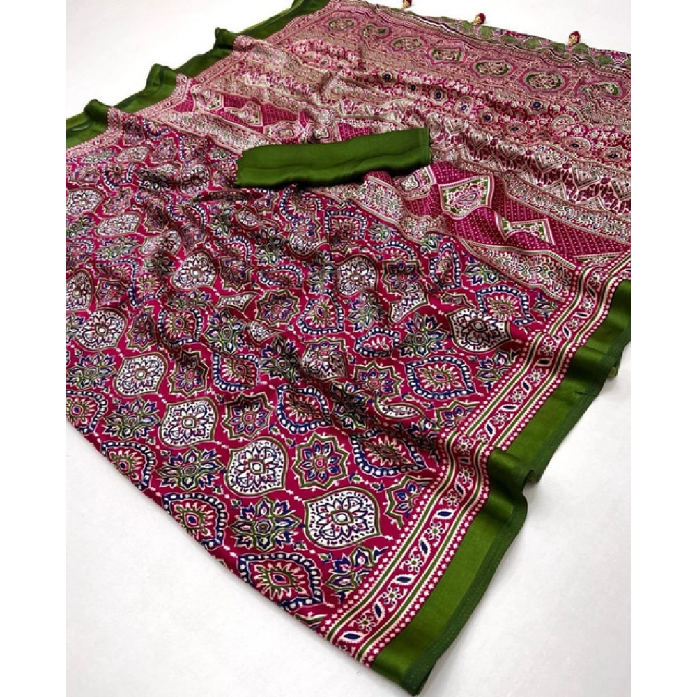 Generic Women's Crepe Printed Saree With Unstitched Blouse 5.5Mtr (Pink) - Image 3