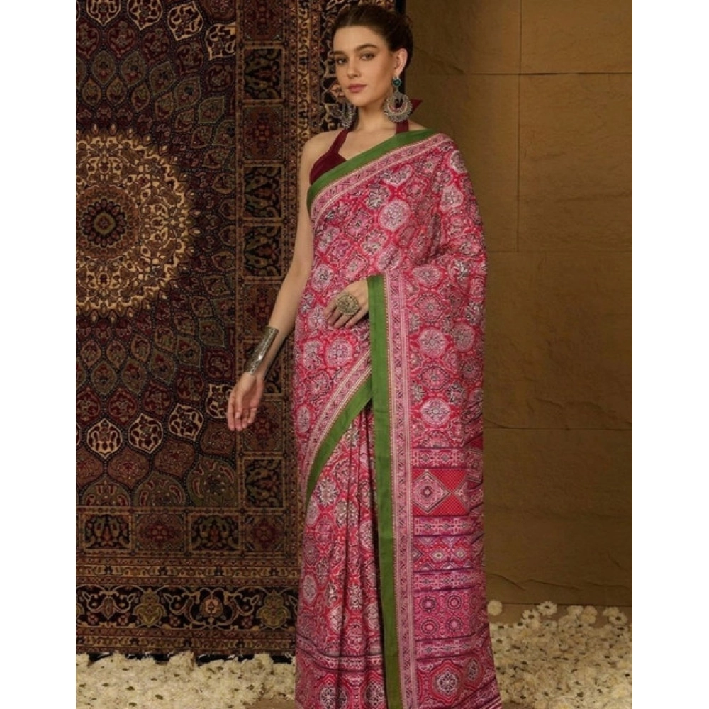 Generic Women's Crepe Printed Saree With Unstitched Blouse 5.5Mtr (Pink) - Image 4