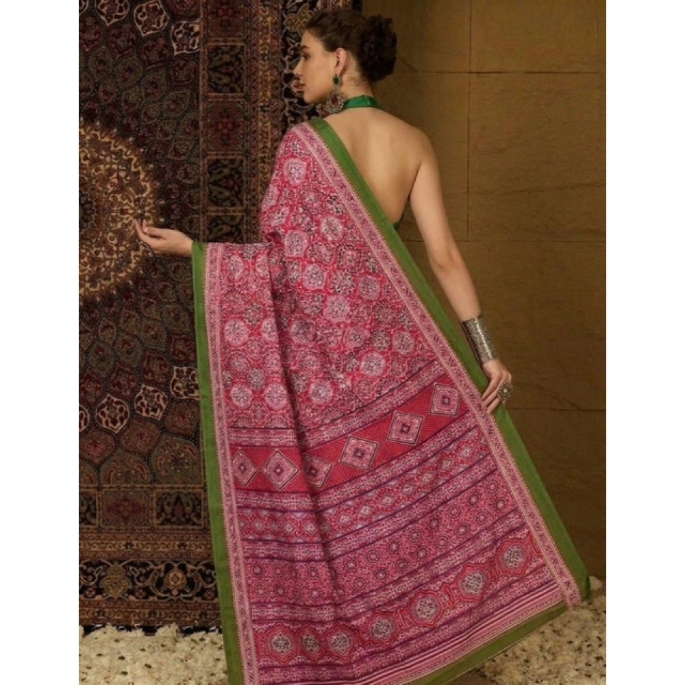 Generic Women's Crepe Printed Saree With Unstitched Blouse 5.5Mtr (Pink) - Image 5