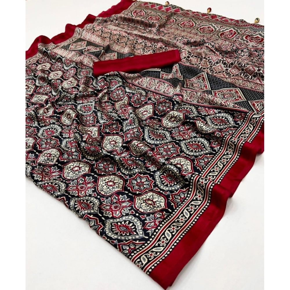 Generic Women's Crepe Printed Saree With Unstitched Blouse 5.5Mtr (Multicolor) - Image 3