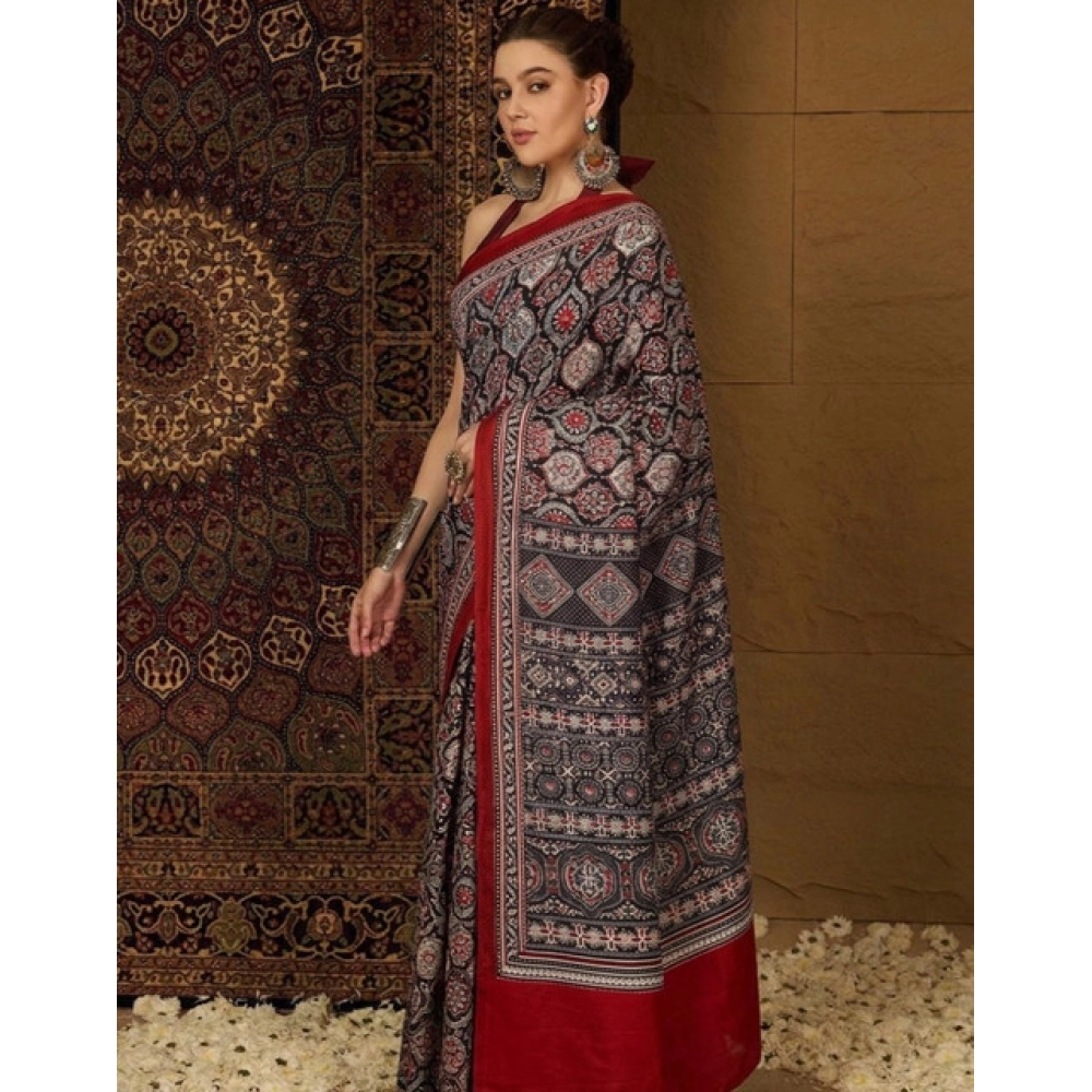 Generic Women's Crepe Printed Saree With Unstitched Blouse 5.5Mtr (Multicolor) - Image 4